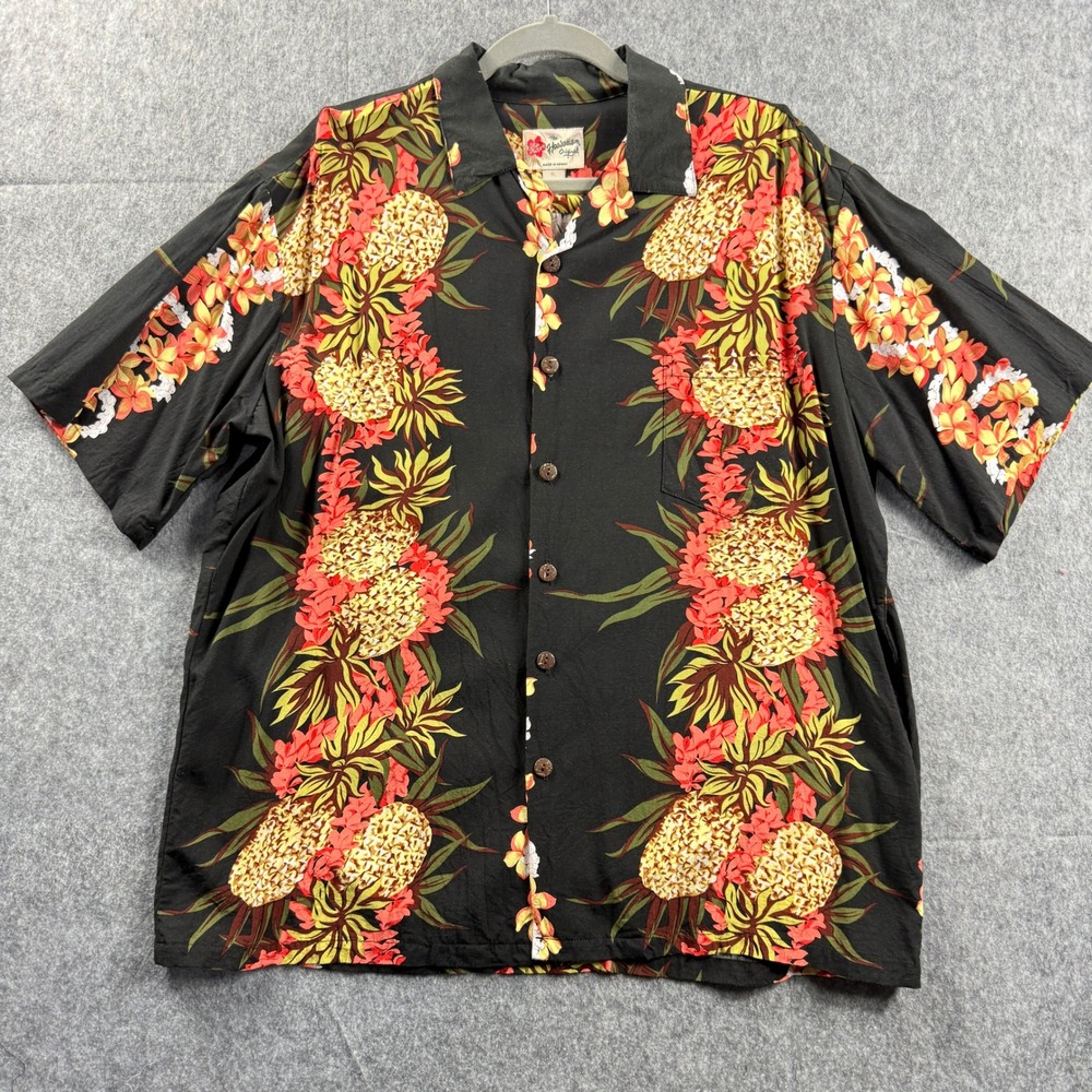 Hilo Hattie Men's Hawaiian Shirt XL Colorful Black Pink Floral Made‎ in the US